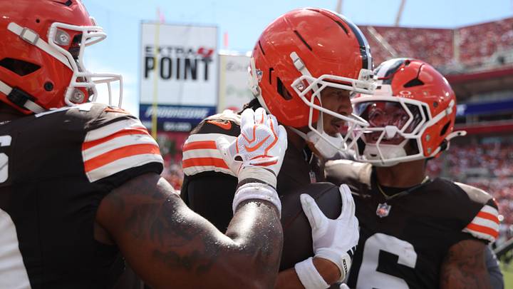 Sep 20, 2026; Tampa, Florida, USA;  Cleveland Browns wide receiver Denzel Boston (12) celebrates scoring a touchdown during the second half against the Tampa Bay Buccaneers at Raymond James Stadium.  Mandatory Credit: Kim Klement Neitzel-Imagn Images