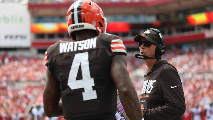 Sep 20, 2026; Tampa, Florida, USA;  Cleveland Browns head coach Todd Monken with kicker Chase McLaughlin (4) during the first quarter against the Tampa Bay Buccaneers at Raymond James Stadium.  Mandatory Credit: Nathan Ray Seebeck-Imagn Images