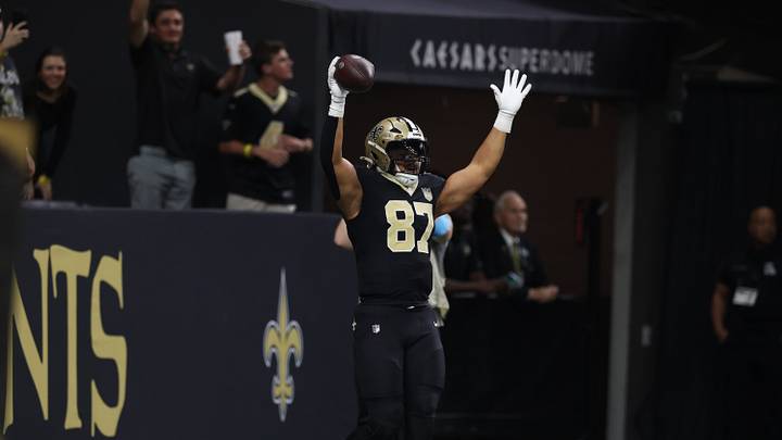 Sep 27, 2026; New Orleans, Louisiana, USA; New Orleans Saints tight end Noah Fant (87) reacts after scoring a touchdown in the third quarter against the Las Vegas Raiders at Caesars Superdome. Mandatory Credit: Stephen Lew-Imagn Images Sep 27, 2026; New Orleans, Louisiana, USA; New Orleans Saints tight end Noah Fant (87) reacts after scoring a touchdown in the third quarter against the Las Vegas Raiders at Caesars Superdome. Mandatory Credit: Stephen Lew-Imagn Images