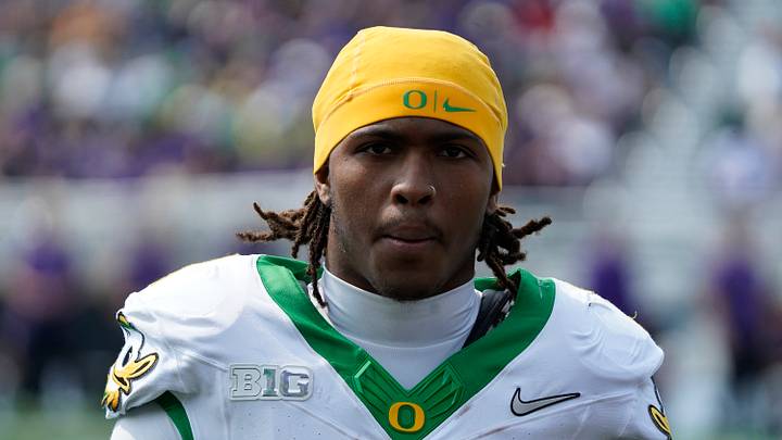 Sep 13, 2025; Evanston, Illinois, USA; Headshot of Oregon Ducks wide receiver Dakorien Moore (1) against the Northwestern Wildcats during the second half at Northwestern Medicine Field at Martin Stadium. Mandatory Credit: David Banks-Imagn Images Sep 13, 2025; Evanston, Illinois, USA; Headshot of Oregon Ducks wide receiver Dakorien Moore (1) against the Northwestern Wildcats during the second half at Northwestern Medicine Field at Martin Stadium. Mandatory Credit: David Banks-Imagn Images
