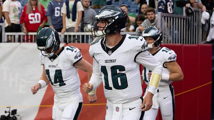 Aug 22, 2026; Foxborough, Massachusetts, USA; Philadelphia Eagles quarterbacks Tanner McKee (16) and Andy Dalton (14) run onto the field before the game against the New England Patriots at Gillette Stadium. Aug 22, 2026; Foxborough, Massachusetts, USA; Philadelphia Eagles quarterbacks Tanner McKee (16) and Andy Dalton (14) run onto the field before the game against the New England Patriots at Gillette Stadium.