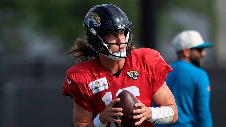 Jacksonville Jaguars quarterback Trevor Lawrence (16) rolls out of the pocket during a joint Buccaneers‑Jaguars NFL practice at the Miller Electric Center on Tuesday, Aug. 25, 2026, in Jacksonville, Fla. Jacksonville Jaguars quarterback Trevor Lawrence (16) rolls out of the pocket during a joint Buccaneers‑Jaguars NFL practice at the Miller Electric Center on Tuesday, Aug. 25, 2026, in Jacksonville, Fla.