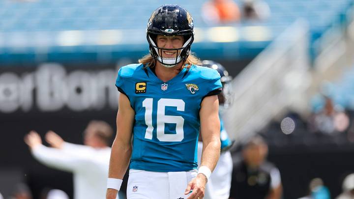 Jacksonville Jaguars quarterback Trevor Lawrence (16) looks on before an NFL football matchup at EverBank Stadium on Sunday, Sept. 13, 2026, in Jacksonville, Fla. The Jaguars defeated the Browns 34-10. [Corey Perrine/Florida Times-Union]