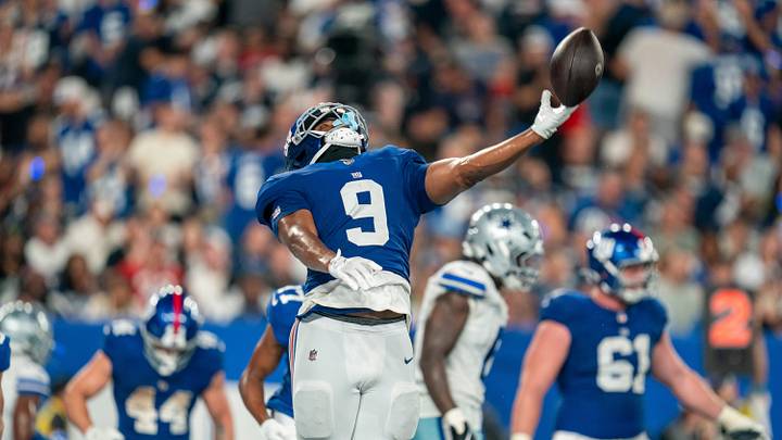 New York Giants tight end Isaiah Likely (9) throws the football in the air after scoring a touchdown during a week one opening game between the New York Giants and Dallas Cowboys at Metlife Stadium on Sunday, Sept. 13, 2026, in East Rutherford, NJ. New York Giants tight end Isaiah Likely (9) throws the football in the air after scoring a touchdown during a week one opening game between the New York Giants and Dallas Cowboys at Metlife Stadium on Sunday, Sept. 13, 2026, in East Rutherford, NJ.
