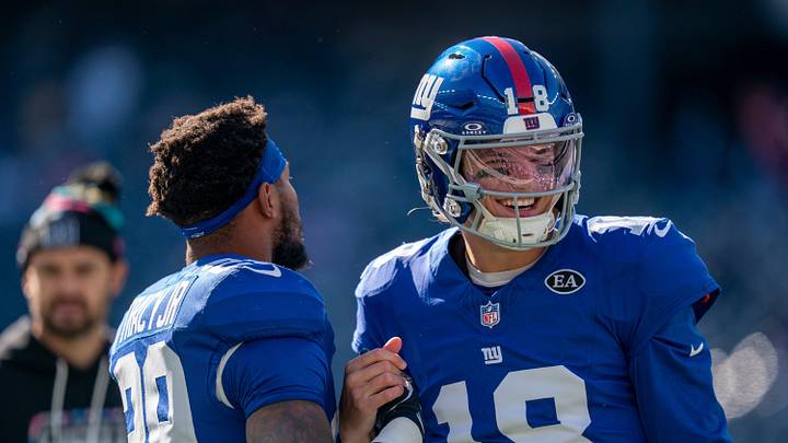 New York Giants quarterback J.J. McCarthy (18) and New York Giants running back Tyrone Tracy Jr. (29) during a week 6 NFL football game between New York Giants and New Orleans Saints on Sunday, Oct. 18, 2026, at MetLife Stadium in East Rutherford, NJ.