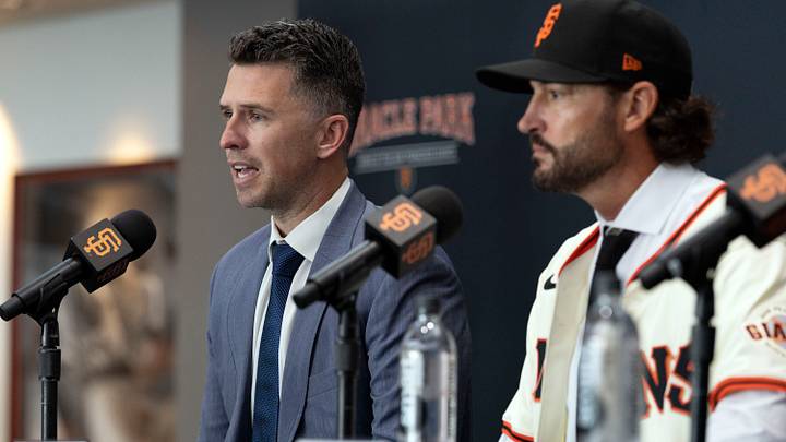 San Francisco Giants president of baseball operations Buster Posey (left) speaks next to Tony Vitello. Credit: D. Ross Cameron-Imagn Images San Francisco Giants president of baseball operations Buster Posey (left) speaks next to Tony Vitello. Credit: D. Ross Cameron-Imagn Images