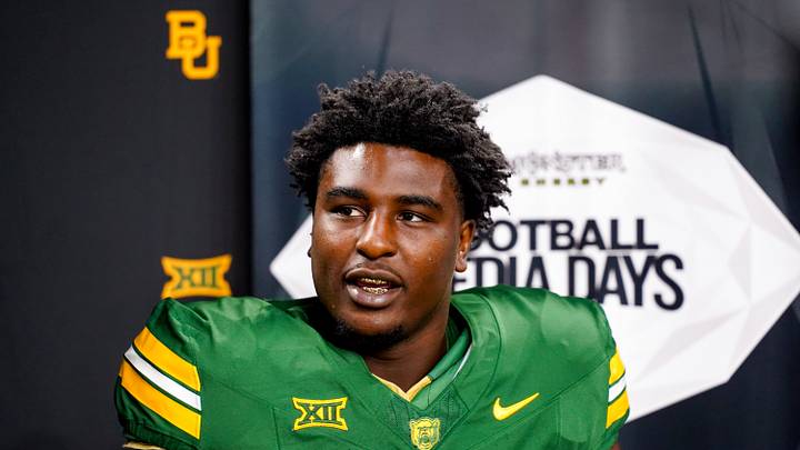 Jul 7, 2026; Frisco, TX, USA;  Baylor  defensive lineman Jamaal Whyce Jr. takes questions 