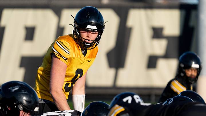 Iowa quarterback Hank Brown (9) calls a play during practice April 9, 2026 in Iowa City, Iowa. Iowa quarterback Hank Brown (9) calls a play during practice April 9, 2026 in Iowa City, Iowa.