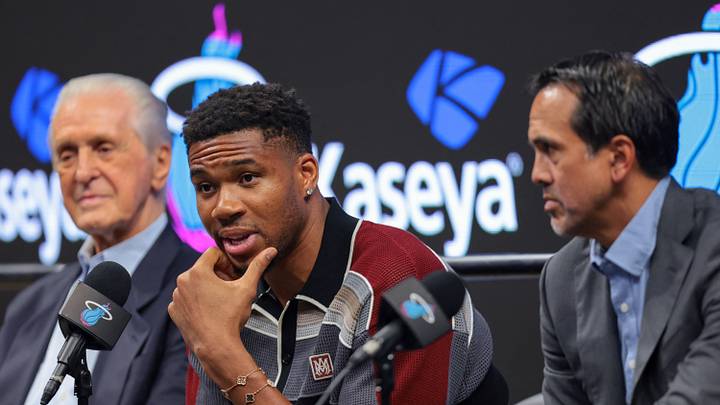 Jul 16, 2026; Miami, FL, USA; Miami Heat forward Giannis Antetokounmpo (center) speaks to reporters during his introductory press conference joined by Miami Heat president Pat Riley (left) and head coach Erik Spoelstra (right) at Kaseya Center. Mandatory Credit: Sam Navarro-Imagn Images Jul 16, 2026; Miami, FL, USA; Miami Heat forward Giannis Antetokounmpo (center) speaks to reporters during his introductory press conference joined by Miami Heat president Pat Riley (left) and head coach Erik Spoelstra (right) at Kaseya Center. Mandatory Credit: Sam Navarro-Imagn Images