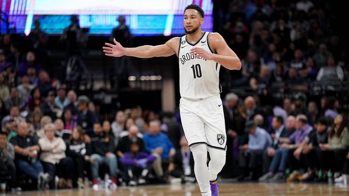 Nov 15, 2022; Sacramento, California, USA; Brooklyn Nets guard Ben Simmons (10) looks towards the team bench after a play against the Sacramento Kings in the third quarter at the Golden 1 Center. Mandatory Credit: Cary Edmondson-USA TODAY Sports