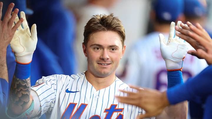 Jul 7, 2026; New York City, New York, USA; New York Mets center fielder A.J. Ewing (9) celebrates with teammates after hitting a two run home run during the second inning against the Kansas City Royals at Citi Field. Mandatory Credit: Vincent Carchietta-Imagn Images