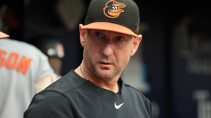 Aug 16, 2026; St. Petersburg, Florida, USA;  Baltimore Orioles manager Craig Albernaz (55) looks on during the fifth inning against the Tampa Bay Rays at Tropicana Field. Mandatory Credit: Kim Klement Neitzel-Imagn Images