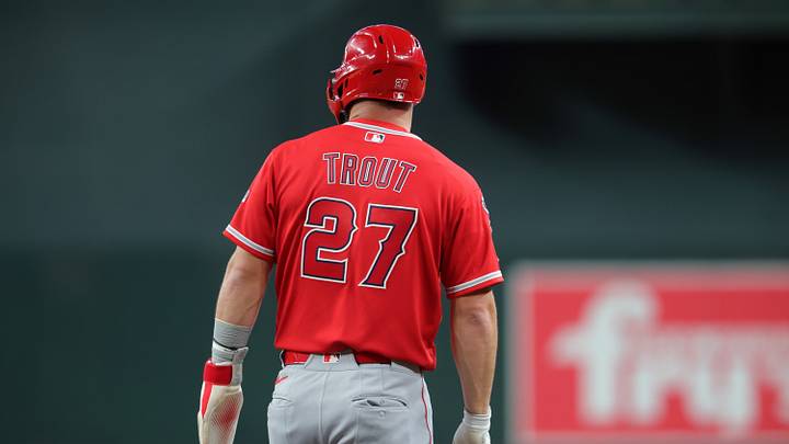 Jun 15, 2026; Phoenix, Arizona, USA; Detailed view of the jersey of Los Angeles Angels outfielder Mike Trout (27) against the Arizona Diamondbacks at Chase Field. Jun 15, 2026; Phoenix, Arizona, USA; Detailed view of the jersey of Los Angeles Angels outfielder Mike Trout (27) against the Arizona Diamondbacks at Chase Field.
