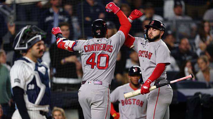 Sep 30, 2026; Bronx, New York, USA; Boston Red Sox first baseman Willson Contreras (40) celebrates with outfielder Wilyer Abreu (52) after hitting a solo home run in the sixth inning against the New York Yankees during game two of the Wildcard round for the 2026 MLB Playoffs at Yankee Stadium. Mandatory Credit: Vincent Carchietta-Imagn Images Sep 30, 2026; Bronx, New York, USA; Boston Red Sox first baseman Willson Contreras (40) celebrates with outfielder Wilyer Abreu (52) after hitting a solo home run in the sixth inning against the New York Yankees during game two of the Wildcard round for the 2026 MLB Playoffs at Yankee Stadium. Mandatory Credit: Vincent Carchietta-Imagn Images