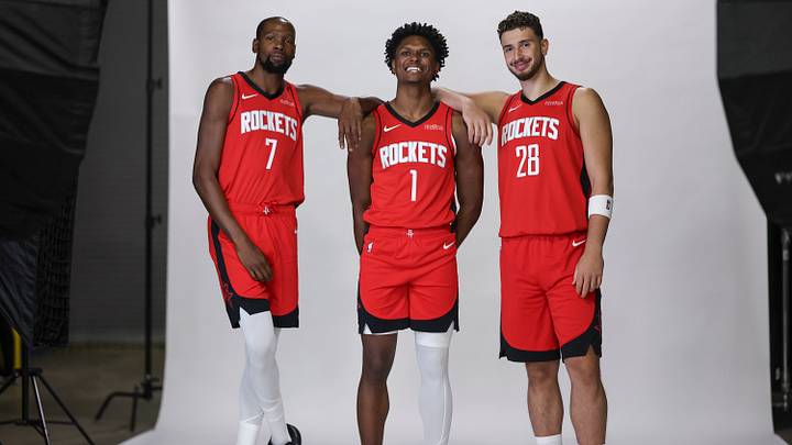Sep 29, 2025; Houston, TX, USA; Houston Rockets forward Kevin Durant (7) and forward Amen Thompson (1) and center Alperen Sengun (28) during Houston Rockets media day at Toyota Center. Mandatory Credit: Troy Taormina-Imagn Images Sep 29, 2025; Houston, TX, USA; Houston Rockets forward Kevin Durant (7) and forward Amen Thompson (1) and center Alperen Sengun (28) during Houston Rockets media day at Toyota Center. Mandatory Credit: Troy Taormina-Imagn Images