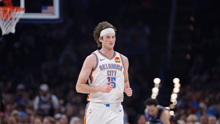 Apr 12, 2026; Oklahoma City, Oklahoma, USA; Oklahoma City Thunder center Branden Carlson (15) runs down the court during a game against the Phoenix Suns at Paycom Center. Mandatory Credit: Alonzo Adams-Imagn Images Apr 12, 2026; Oklahoma City, Oklahoma, USA; Oklahoma City Thunder center Branden Carlson (15) runs down the court during a game against the Phoenix Suns at Paycom Center. Mandatory Credit: Alonzo Adams-Imagn Images