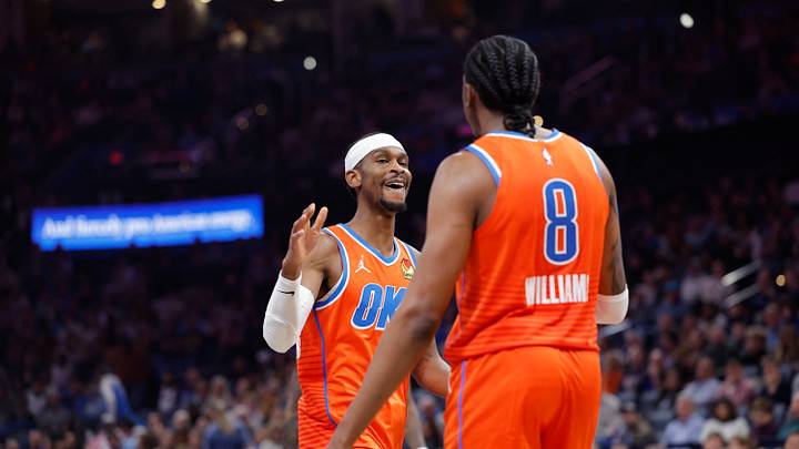 Nov 28, 2025; Oklahoma City, Oklahoma, USA; Oklahoma City Thunder guard Shai Gilgeous-Alexander (2) high fives guard Jalen Williams (8) after scoring against the Phoenix Suns during the second half at Paycom Center. Mandatory Credit: Alonzo Adams-Imagn Images Nov 28, 2025; Oklahoma City, Oklahoma, USA; Oklahoma City Thunder guard Shai Gilgeous-Alexander (2) high fives guard Jalen Williams (8) after scoring against the Phoenix Suns during the second half at Paycom Center. Mandatory Credit: Alonzo Adams-Imagn Images