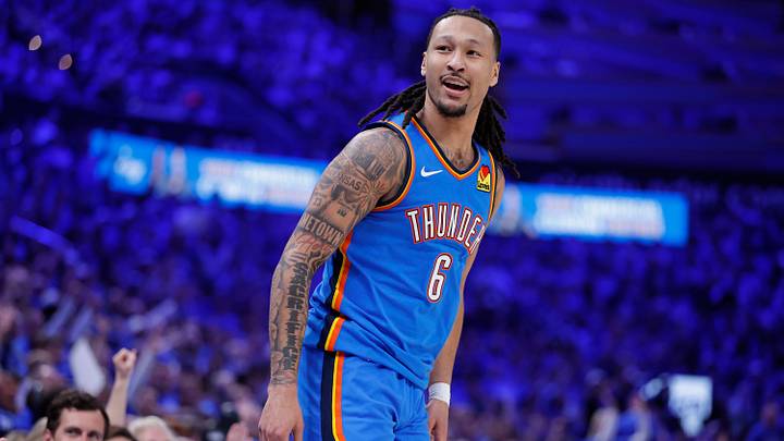 Apr 19, 2026; Oklahoma City, Oklahoma, USA; Oklahoma City Thunder forward Jaylin Williams (6) reacts after scoring against the Phoenix Suns in the second half during game one of the first round of the 2026 NBA Playoffs at Paycom Center. Mandatory Credit: Alonzo Adams-Imagn Images Apr 19, 2026; Oklahoma City, Oklahoma, USA; Oklahoma City Thunder forward Jaylin Williams (6) reacts after scoring against the Phoenix Suns in the second half during game one of the first round of the 2026 NBA Playoffs at Paycom Center. Mandatory Credit: Alonzo Adams-Imagn Images