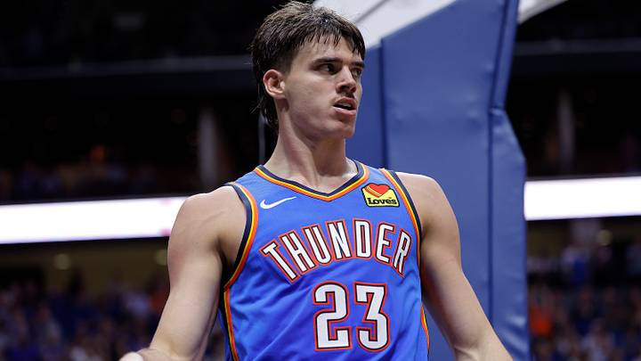 Oct 6, 2026; Tulsa, Oklahoma, USA; Oklahoma City Thunder guard Brooks Barnhizer (23) reacts after a play against the New Orleans Pelicans during the second half at BOK Center. Mandatory Credit: Alonzo Adams-Imagn Images