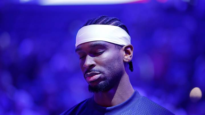 Oct 13, 2026; Oklahoma City, Oklahoma, USA; Oklahoma City Thunder guard Shai Gilgeous-Alexander (2) stands during the National Anthem before a preseason game against the Indiana Pacers at Paycom Center. Mandatory Credit: Alonzo Adams-Imagn Images
