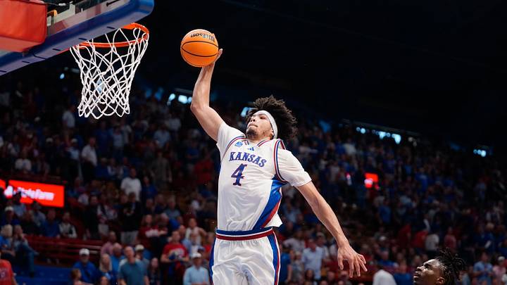 Kansas Jayhawks guard Tyran Stokes (4) jumps for a dunk against Duke Blue Devils during the exhibition game inside Allen Fieldhouse in Lawrence, Kansas on Oct. 25, 2026. Kansas Jayhawks guard Tyran Stokes (4) jumps for a dunk against Duke Blue Devils during the exhibition game inside Allen Fieldhouse in Lawrence, Kansas on Oct. 25, 2026.