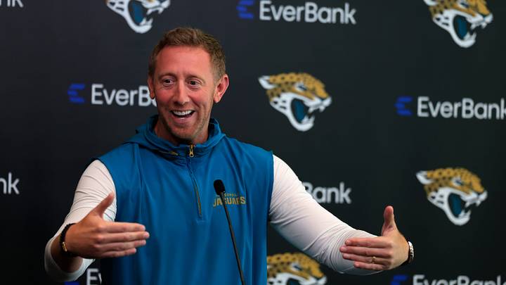 Jacksonville Jaguars head coach Liam Coen speaks during a press conference at the Miller Electric Center, Monday, April 20, 2026 in Jacksonville, Fla.