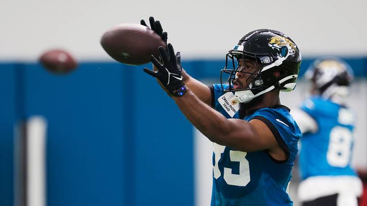 Jacksonville Jaguars running back Bhayshul Tuten (33) catches a pass during the 10th organized team activity at Miller Electric Center Wednesday, June 4, 2025 in Jacksonville, Fla. [Corey Perrine/Florida Times-Union]