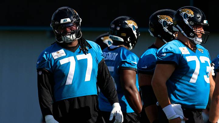 Jacksonville Jaguars offensive tackle Anton Harrison (77) looks on during the third day of minicamp at the Miller Electric Center, Thursday, June 11, 2026, in Jacksonville, Fla. Jacksonville Jaguars offensive tackle Anton Harrison (77) looks on during the third day of minicamp at the Miller Electric Center, Thursday, June 11, 2026, in Jacksonville, Fla.