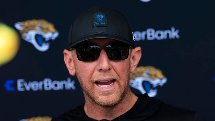 Jacksonville Jaguars head coach Liam Coen speaks to members of the media after the fifth day of NFL training camp at the Miller Electric Center on Monday, Aug. 3, 2026, in Jacksonville, Fla. Today marked the first full‑pads practice. Jacksonville Jaguars head coach Liam Coen speaks to members of the media after the fifth day of NFL training camp at the Miller Electric Center on Monday, Aug. 3, 2026, in Jacksonville, Fla. Today marked the first full‑pads practice.