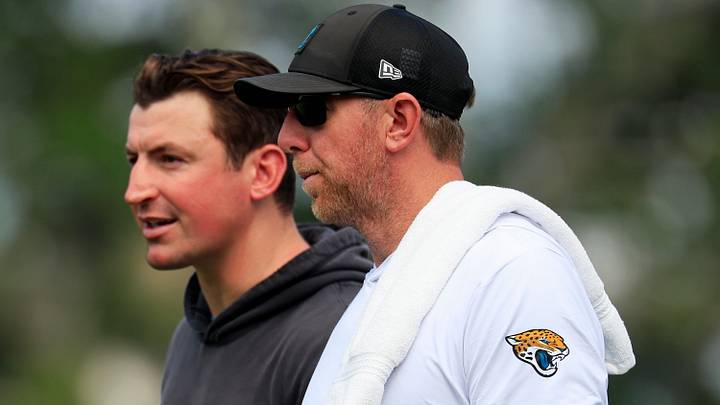 Jacksonville Jaguars offensive coordinator Grant Udinski, left, and head coach Liam Coen talk as they walk off the field after the sixth day of NFL training camp at the Miller Electric Center on Tuesday, Aug. 4, 2026, in Jacksonville, Fla. Jacksonville Jaguars offensive coordinator Grant Udinski, left, and head coach Liam Coen talk as they walk off the field after the sixth day of NFL training camp at the Miller Electric Center on Tuesday, Aug. 4, 2026, in Jacksonville, Fla.