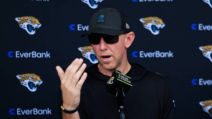 Jacksonville Jaguars head coach Liam Coen speaks to members of the media after the first day of NFL Training Camp at the Miller Electric Center on Wednesday, July 29, 2026, in Jacksonville, Fla.