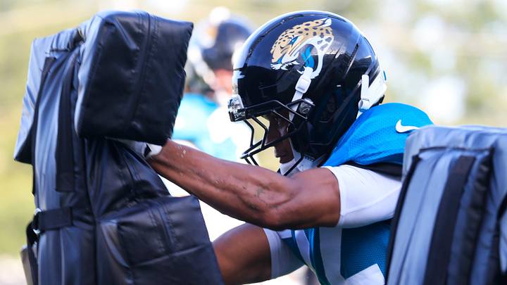 Jacksonville Jaguars safety Jalen Huskey (22) hits the blocking sled during Day 11 of NFL training camp at the Miller Electric Center on Tuesday, Aug. 11, 2026, in Jacksonville, Fla. Jacksonville Jaguars safety Jalen Huskey (22) hits the blocking sled during Day 11 of NFL training camp at the Miller Electric Center on Tuesday, Aug. 11, 2026, in Jacksonville, Fla.