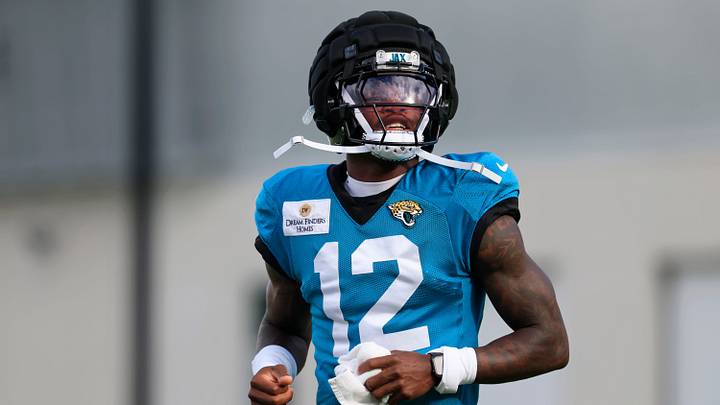 Jacksonville Jaguars wide receiver/cornerback Travis Hunter (12) runs on the field during the fifth day of NFL training camp at the Miller Electric Center on Monday, Aug. 3, 2026, in Jacksonville, Fla. Today marked the first full‑pads practice. [Corey Perrine/Florida Times-Union]