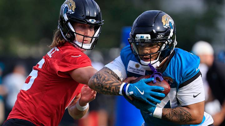 Jacksonville Jaguars quarterback Trevor Lawrence (16) hands off to running back Christian Rodriguez Jr. (24) during the third day of NFL Training Camp at the Miller Electric Center on Friday, July 31, 2026, in Jacksonville, Fla. Jacksonville Jaguars quarterback Trevor Lawrence (16) hands off to running back Christian Rodriguez Jr. (24) during the third day of NFL Training Camp at the Miller Electric Center on Friday, July 31, 2026, in Jacksonville, Fla.