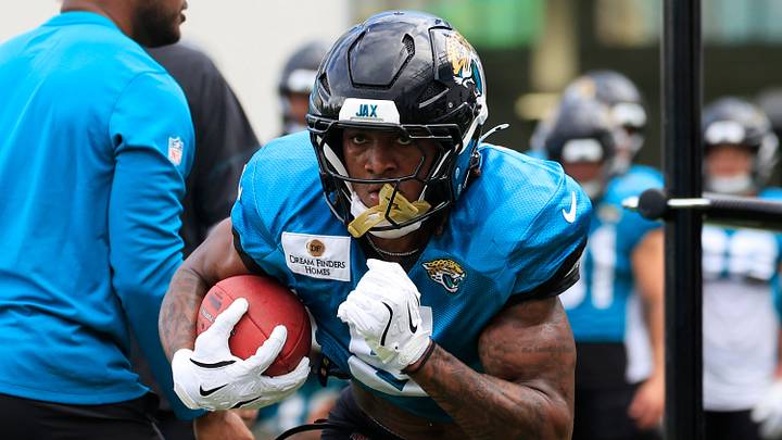 Jacksonville Jaguars running back LeQuint Allen Jr. (5) runs the ball during the fifth day of NFL training camp at the Miller Electric Center on Monday, Aug. 3, 2026, in Jacksonville, Fla. Today marked the first full‑pads practice. Jacksonville Jaguars running back LeQuint Allen Jr. (5) runs the ball during the fifth day of NFL training camp at the Miller Electric Center on Monday, Aug. 3, 2026, in Jacksonville, Fla. Today marked the first full‑pads practice.