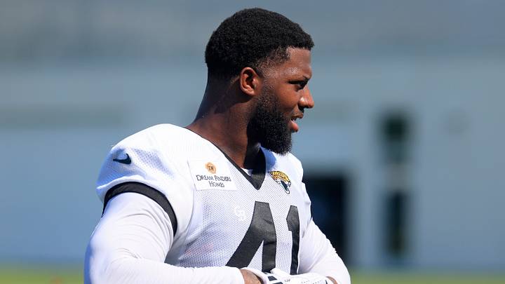 Jacksonville Jaguars defensive end Josh Hines-Allen (41) walks off the field after Day 15 of NFL training camp at the Miller Electric Center on Tuesday, Aug. 18, 2026, in Jacksonville, Fla. Jacksonville Jaguars defensive end Josh Hines-Allen (41) walks off the field after Day 15 of NFL training camp at the Miller Electric Center on Tuesday, Aug. 18, 2026, in Jacksonville, Fla.