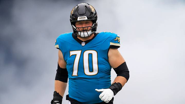 Jacksonville Jaguars offensive tackle Cole van Lanen (70) runs on the field before an NFL football matchup at EverBank Stadium, Sunday, Jan. 4, 2026, in Jacksonville, Fla. The Jaguars defeated the Titans 41-7, capturing the AFC South title. [Corey Perrine/Florida Times-Union]
