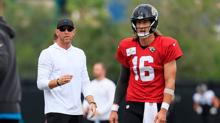 Jacksonville Jaguars head coach Liam Coen directs practice near quarterback Trevor Lawrence (16) during the sixth day of NFL training camp at the Miller Electric Center on Tuesday, Aug. 4, 2026, in Jacksonville, Fla. Jacksonville Jaguars head coach Liam Coen directs practice near quarterback Trevor Lawrence (16) during the sixth day of NFL training camp at the Miller Electric Center on Tuesday, Aug. 4, 2026, in Jacksonville, Fla.