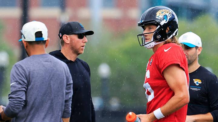 Jacksonville Jaguars head coach Liam Coen and quarterback Trevor Lawrence (16) talk during the fifth day of NFL training camp at the Miller Electric Center on Monday, Aug. 3, 2026, in Jacksonville, Fla. Today marked the first full‑pads practice. Jacksonville Jaguars head coach Liam Coen and quarterback Trevor Lawrence (16) talk during the fifth day of NFL training camp at the Miller Electric Center on Monday, Aug. 3, 2026, in Jacksonville, Fla. Today marked the first full‑pads practice.