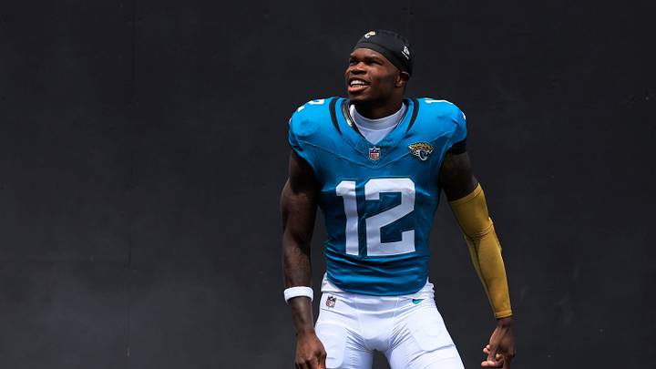 Jacksonville Jaguars wide receiver Travis Hunter (12) is introduced before an NFL football matchup at EverBank Stadium on Sunday, Sept. 13, 2026, in Jacksonville, Fla. The Jaguars defeated the Browns 34-10. [Corey Perrine/Florida Times-Union]