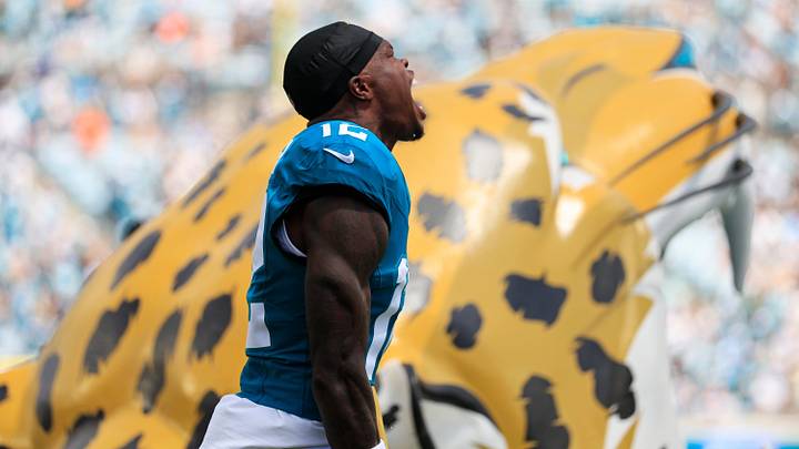 Jacksonville Jaguars wide receiver Travis Hunter (12) is introduced before an NFL football matchup at EverBank Stadium on Sunday, Sept. 13, 2026, in Jacksonville, Fla. The Jaguars defeated the Browns 34-10. [Corey Perrine/Florida Times-Union]