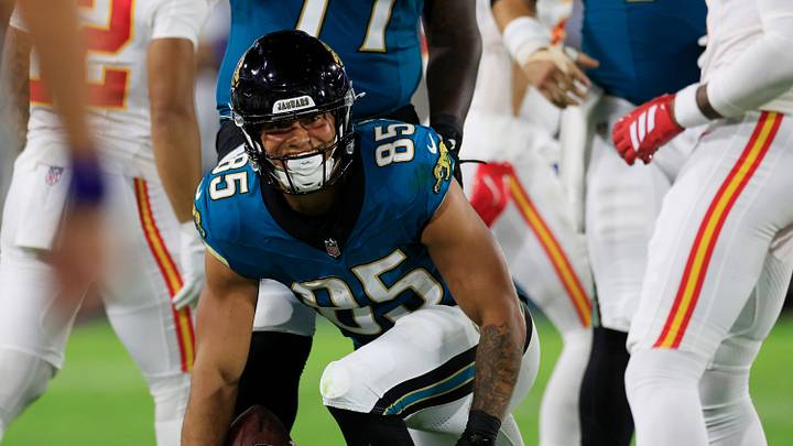 Jacksonville Jaguars tight end Brenton Strange (85) gets to his feet during the first quarter of an NFL football matchup at EverBank Stadium, Monday, Oct. 6, 2025, in Jacksonville, Fla. The Jacksonville Jaguars edged the Kansas City Chiefs 31-28. [Corey Perrine/Florida Times-Union]