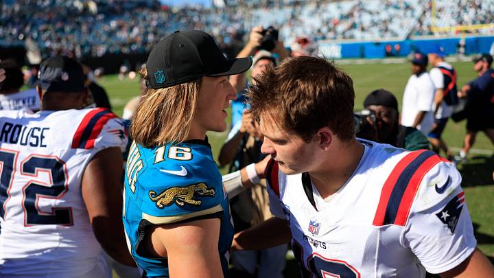 Jacksonville Jaguars quarterback Trevor Lawrence (16) and New England Patriots quarterback Drake Maye (10) greet mid-field after the game of an NFL football matchup at EverBank Stadium on Sunday, Sept. 27, 2026, in Jacksonville, Fla. The Jaguars defeated the Patriots 35-6. [Corey Perrine/Florida Times-Union]