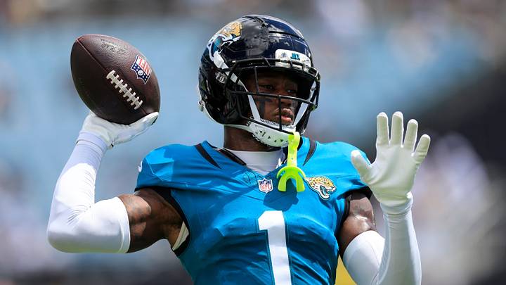 Jacksonville Jaguars cornerback Montaric Brown (1) tosses the ball back before an NFL football matchup at EverBank Stadium on Sunday, Sept. 13, 2026, in Jacksonville, Fla. The Jaguars defeated the Browns 34-10. [Corey Perrine/Florida Times-Union]