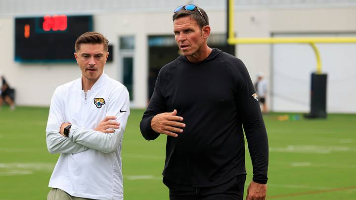 Jacksonville Jaguars general manager James Gladstone, left, and Executive Vice President of football operations Tony Boselli talk during the first day of NFL Training Camp at the Miller Electric Center on Wednesday, July 29, 2026, in Jacksonville, Fla. Jacksonville Jaguars general manager James Gladstone, left, and Executive Vice President of football operations Tony Boselli talk during the first day of NFL Training Camp at the Miller Electric Center on Wednesday, July 29, 2026, in Jacksonville, Fla.