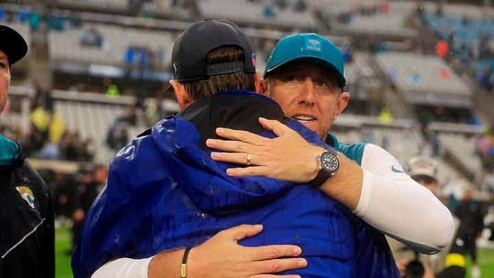 Jacksonville Jaguars head coach Liam Coen hugs Indianapolis Colts head coach Shane Steichen after the game of an NFL football game at EverBank Stadium, Sunday, Dec. 7, 2025, in Jacksonville, Fla. The Jaguars defeated the Colts 36-19. Jacksonville Jaguars head coach Liam Coen hugs Indianapolis Colts head coach Shane Steichen after the game of an NFL football game at EverBank Stadium, Sunday, Dec. 7, 2025, in Jacksonville, Fla. The Jaguars defeated the Colts 36-19.