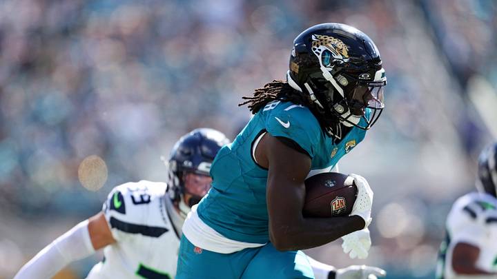 Oct 12, 2025; Jacksonville, Florida, USA; Jacksonville Jaguars wide receiver Brian Thomas Jr. (7) scores a touchdown that is called back for a flag during the second half against the Seattle Seahawks at EverBank Stadium. Mandatory Credit: Morgan Tencza-Imagn Images