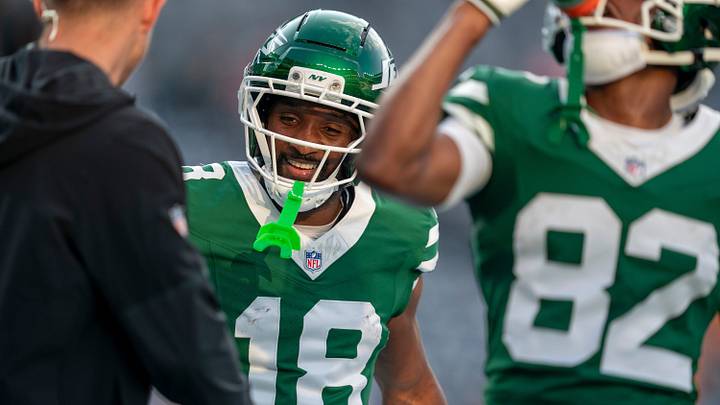 New York Jets wide receiver Isaiah Williams (18) warms up during a preseason opening game between the New York Jets and Tampa Bay Buccaneers on Friday, Aug. 14, 2026, at MetLife Stadium in East Rutherford, NJ. New York Jets wide receiver Isaiah Williams (18) warms up during a preseason opening game between the New York Jets and Tampa Bay Buccaneers on Friday, Aug. 14, 2026, at MetLife Stadium in East Rutherford, NJ.