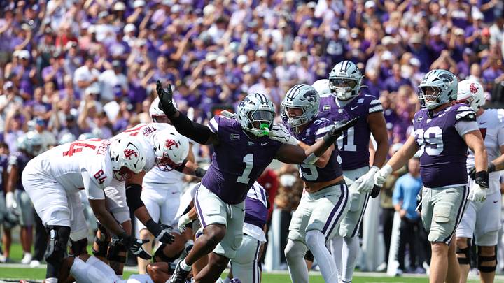 Sep 12, 2026; Manhattan, Kansas, USA;  Kansas State Wildcats defensive end Wendell Gregory (1) and linebacker Gabe Powers (35) celebrate a sack against the Washington State Cougars in the third quarter at Bill Snyder Family Football Stadium.  Mandatory Credit: Scott Sewell-Imagn Images