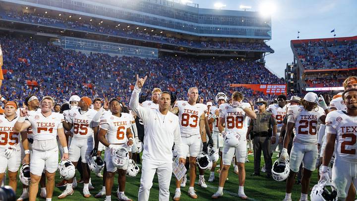 Oct 4, 2025; Gainesville, Florida, USA; Texas Longhorns head coach Steve Sarkisian stands with his team after a game against the Florida Gators at Ben Hill Griffin Stadium. Mandatory Credit: Matt Pendleton-Imagn Images